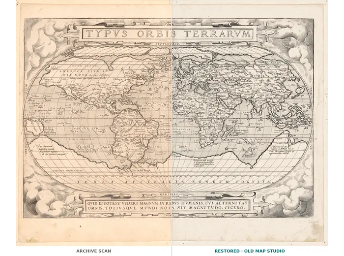 Antique World Map 1579 — Ortelius, Typus Orbis Terrarum — full sheet before and after restoration