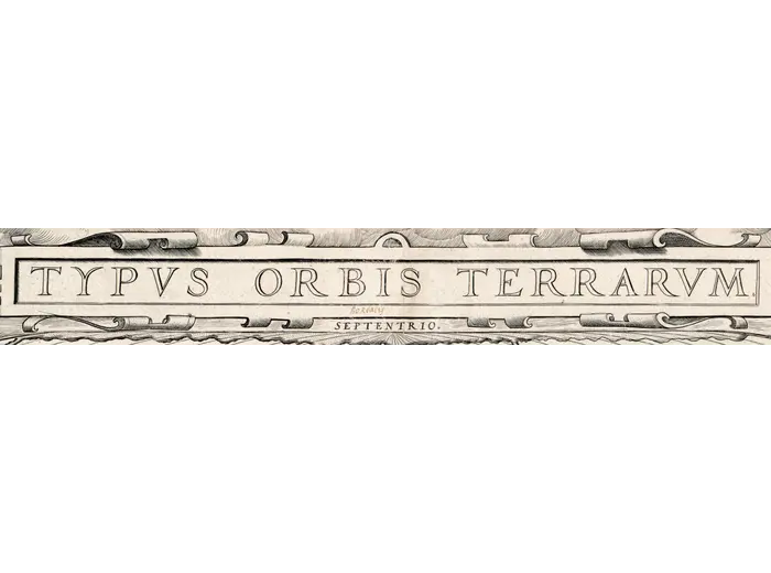 Antique World Map 1579 — Ortelius, Typus Orbis Terrarum — detail 1: title banner v0925