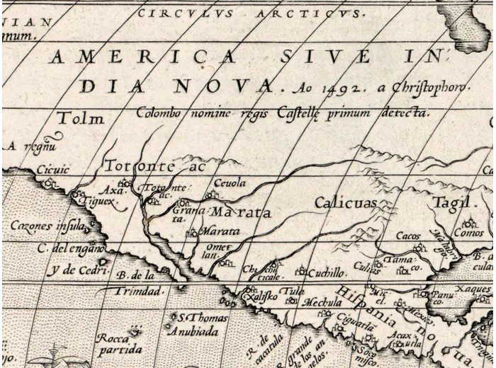 Antique World Map 1579 — Ortelius, Typus Orbis Terrarum — detail 3: america 1492 v0925