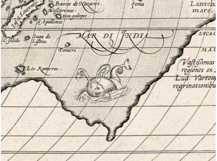 Antique World Map 1579 — Ortelius, Typus Orbis Terrarum — detail 5: sea monster v0925