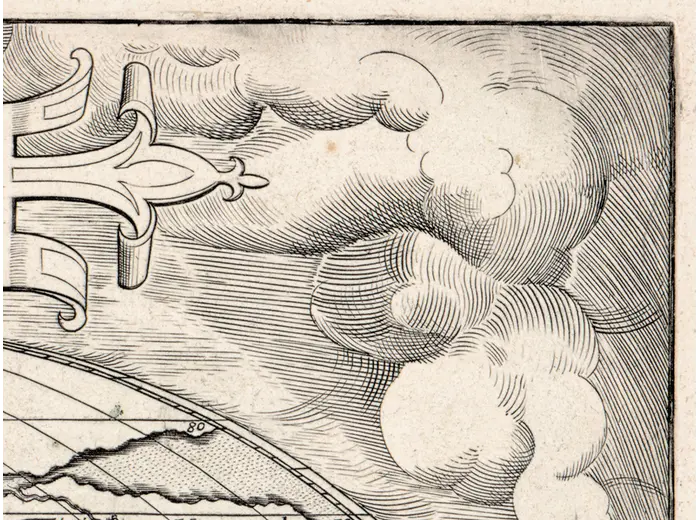 Antique World Map 1579 — Ortelius, Typus Orbis Terrarum — detail 6: clouds hatching v0925