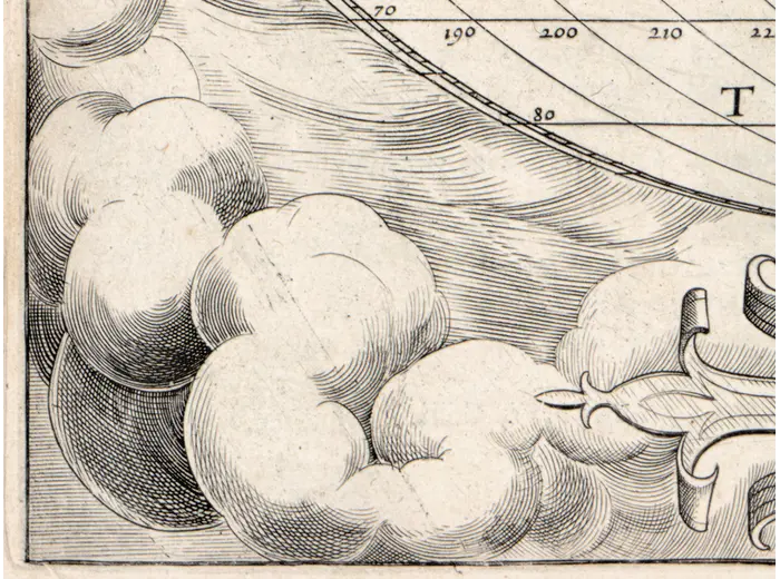 Antique World Map 1579 — Ortelius, Typus Orbis Terrarum — detail 7: cloud crack v0925