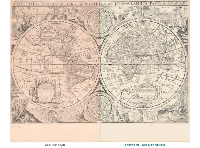 Antique World Map 1655 — Hondius, Nova Totius Terrarum Orbis — full sheet before and after restoration