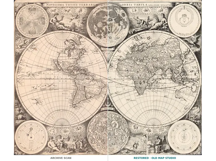 Antique World Map c. 1675 — Seller, Novissima Totius Orbis — full sheet before and after restoration