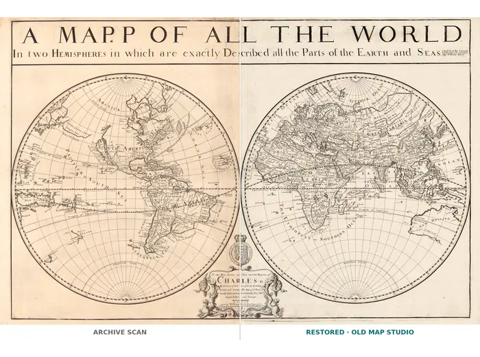 Antique World Map 1680 — Sanson, A Mapp of All the World — full sheet before and after restoration