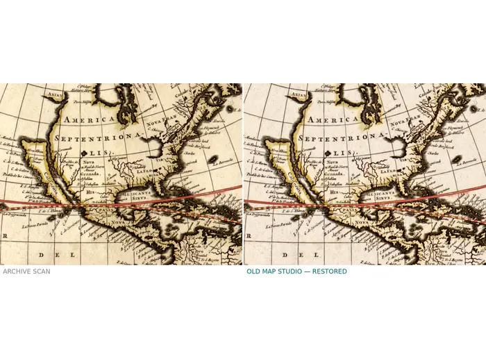 Antique World Map c. 1690 — Visscher, Orbis Terrarum Nova Tabula — before and after restoration