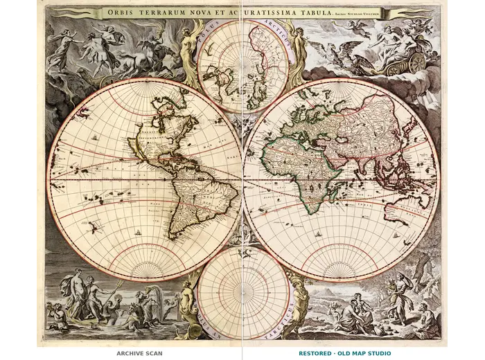 Antique World Map c. 1690 — Visscher, Orbis Terrarum Nova Tabula — full sheet before and after restoration