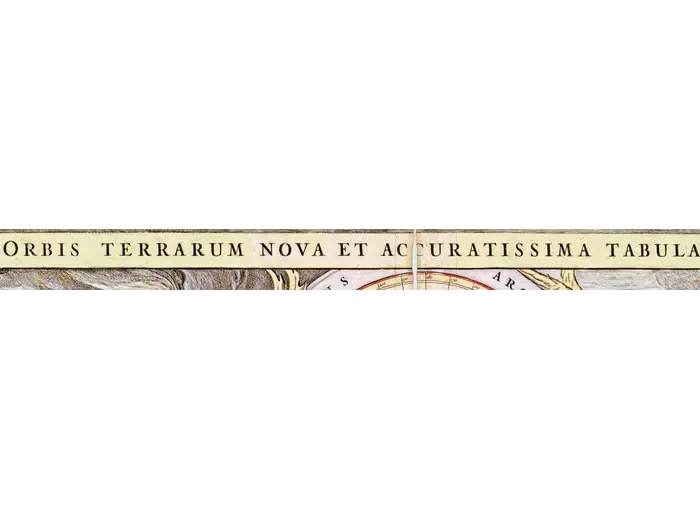 Antique World Map c. 1690 — Visscher, Orbis Terrarum Nova Tabula — detail 1: title banner