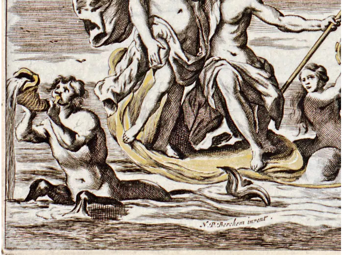Antique World Map c. 1690 — Visscher, Orbis Terrarum Nova Tabula — detail 2: putti neptune signature