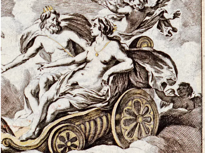 Antique World Map c. 1690 — Visscher, Orbis Terrarum Nova Tabula — detail 5: jupiter chariot