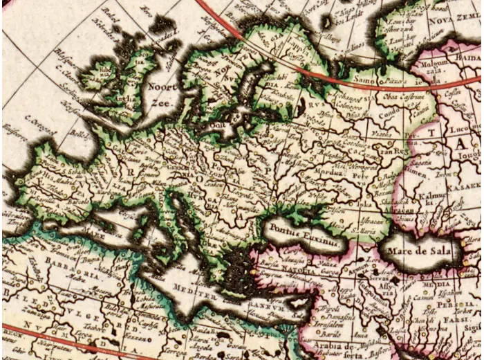 Antique World Map c. 1690 — Visscher, Orbis Terrarum Nova Tabula — detail 6: europe africa colour