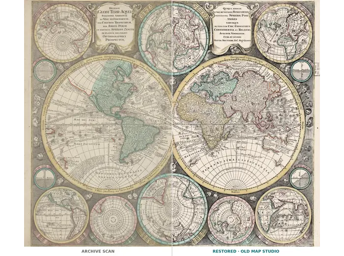 Antique World Map 1740 — Seutter, Diversi Globi Terr-Aquei — full sheet before and after restoration