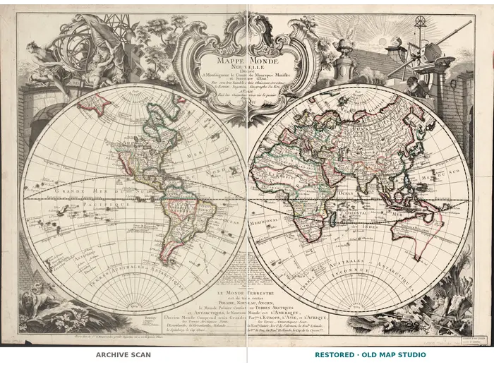 Antique World Map 1744 — Le Rouge, Mappe Monde Nouvelle — full sheet before and after restoration