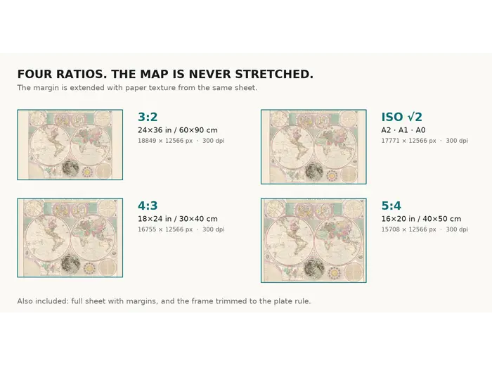 Antique World Map c. 1780 — Bowles, New and Accurate Map of the World — print sizes at 300 dpi
