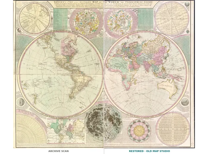 Antique World Map c. 1780 — Bowles, New and Accurate Map of the World — full sheet before and after restoration