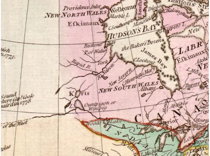 Antique World Map c. 1780 — Bowles, New and Accurate Map of the World — detail 3: north america hudson bay