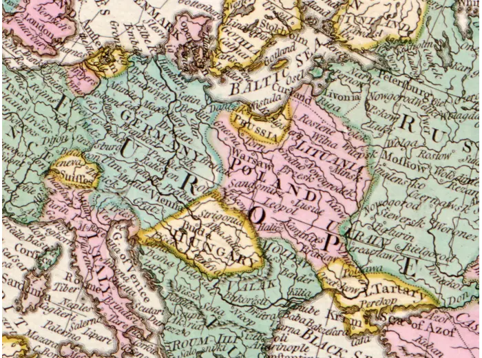Antique World Map c. 1780 — Bowles, New and Accurate Map of the World — detail 4: europe asia colour