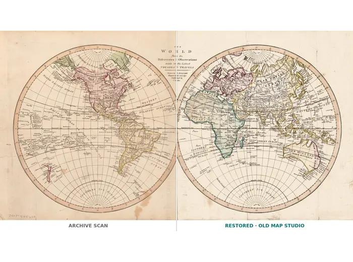 Antique World Map c. 1807 — Arrowsmith, The World — full sheet before and after restoration