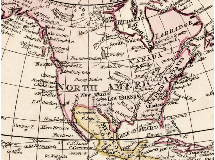 Antique World Map c. 1807 — Arrowsmith, The World — detail 2: north america