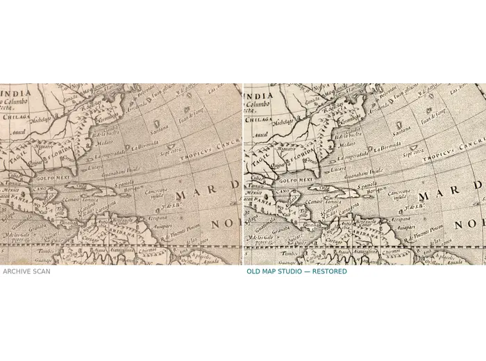 Stara mapa świata 1602 — Mercator i Hondius, Orbis Terrae — przed i po restauracji