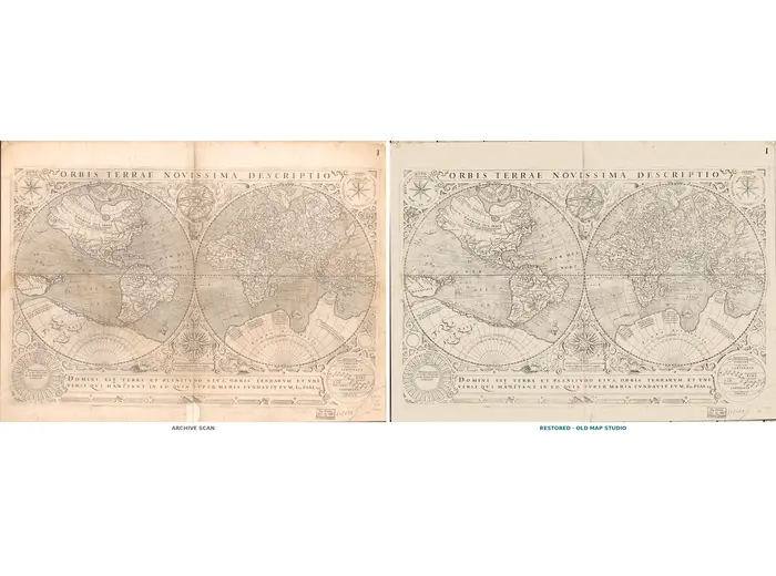 Stara mapa świata 1602 — Mercator i Hondius, Orbis Terrae — cały arkusz przed i po restauracji