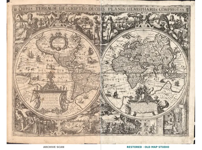 Antique World Map 1618 — Geylekerck, Orbis Terrarum Descriptio — full sheet before and after restoration
