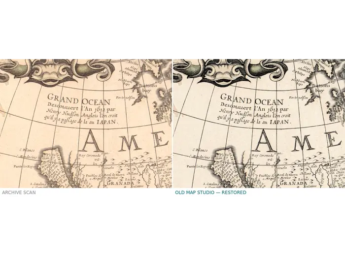 Antique World Map 1628 — Danckerts, Charte Vniuerselle — before and after restoration