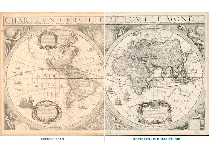 Antique World Map 1628 — Danckerts, Charte Vniuerselle — full sheet before and after restoration
