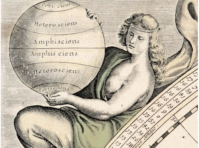 Antique World Map 1628 — Danckerts, Charte Vniuerselle — detail 5: ornament allegory left