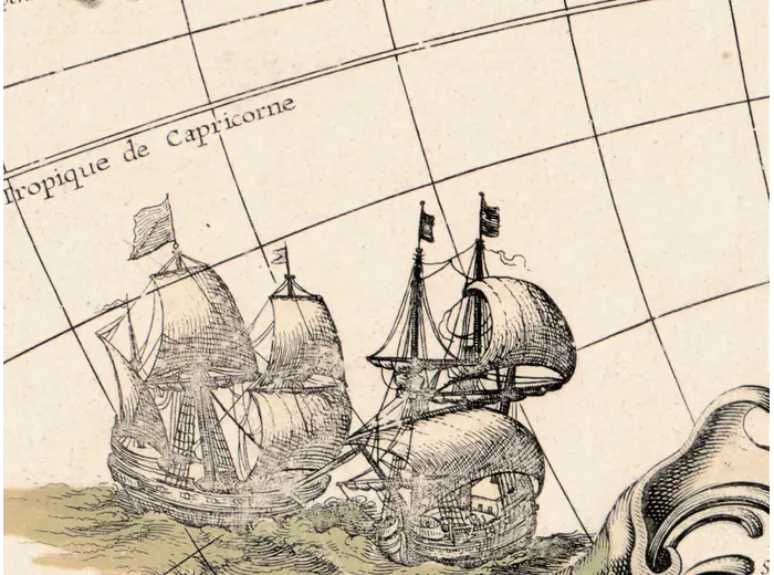 Antique World Map 1628 — Danckerts, Charte Vniuerselle — detail 6: ships and hatching pacific