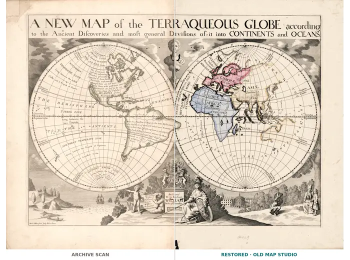 Antique World Map 1700 — Wells, Terraqueous Globe — full sheet before and after restoration