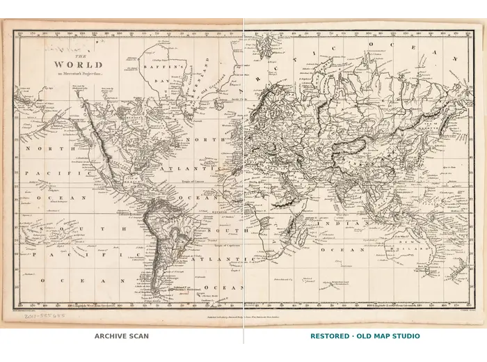 Antique World Map 1810 — Sherwood, Neely and Jones — full sheet before and after restoration