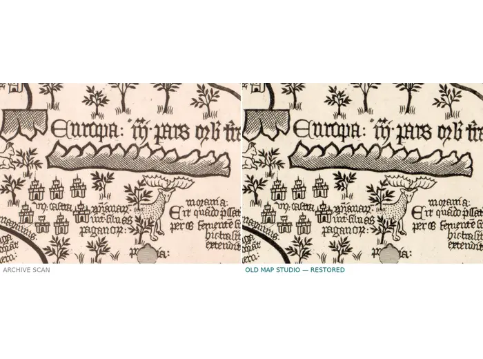 Antique World Map c. 1450 — Borgia Map, Facsimile Borgia 1797 — before and after restoration