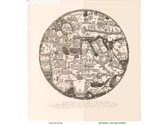 Antique World Map c. 1450 — Borgia Map, Facsimile Borgia 1797 — full sheet before and after restoration