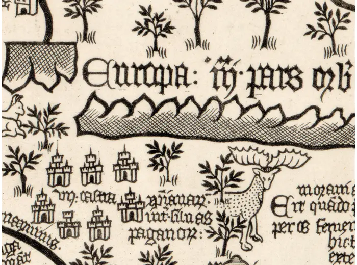 Antique World Map c. 1450 — Borgia Map, Facsimile Borgia 1797 — detail 3: europa scenes