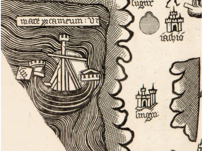 Antique World Map c. 1450 — Borgia Map, Facsimile Borgia 1797 — detail 6: mare caspium ship