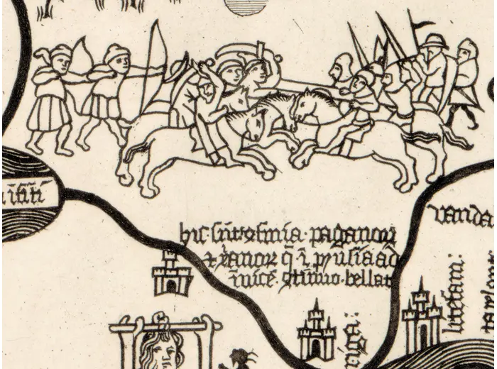 Antique World Map c. 1450 — Borgia Map, Facsimile Borgia 1797 — detail 7: battle of knights
