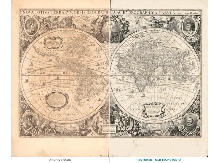 Antique World Map 1641 — Hondius, Nova Totius Terrarum Orbis — full sheet before and after restoration