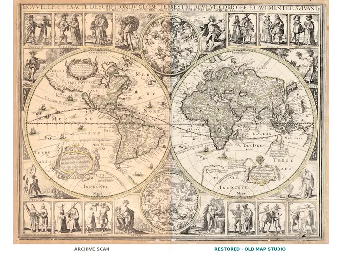 Antique World Map 1645 — Blaeu, Novvelle et Exacte Description — full sheet before and after restoration
