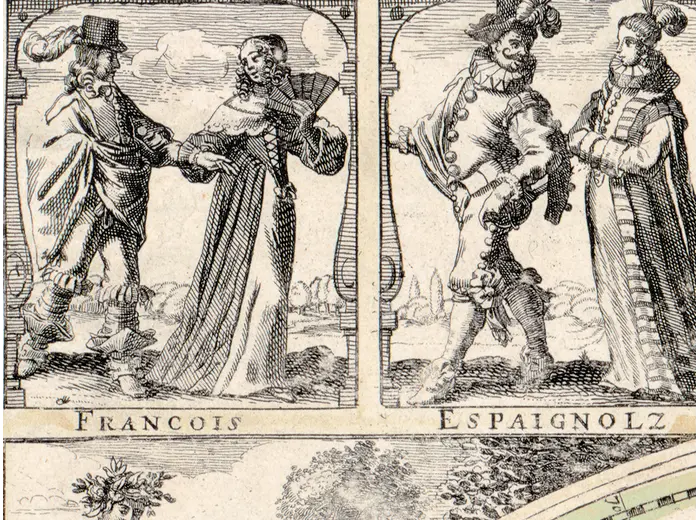 Antique World Map 1645 — Blaeu, Novvelle et Exacte Description — detail 5: costumes francois espaignolz