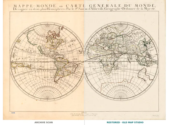 Antique World Map 1651 — Sanson, Mappe-Monde ou Carte Générale — full sheet before and after restoration