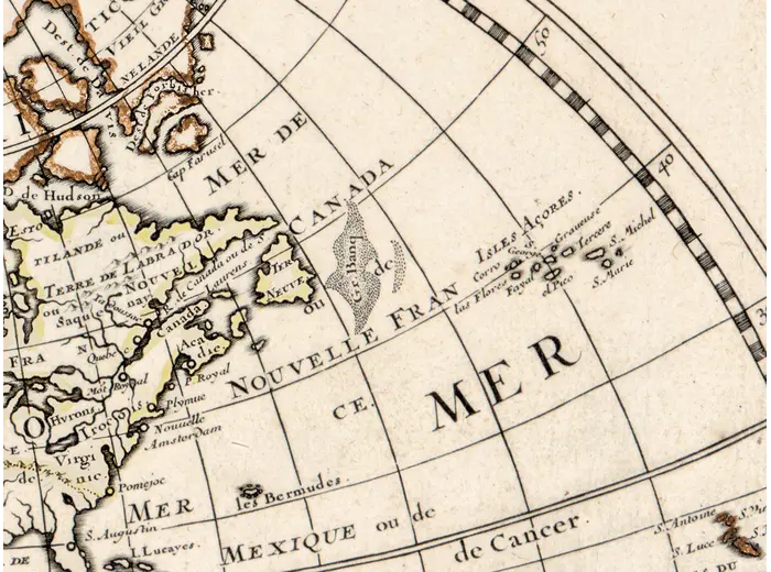 Antique World Map 1651 — Sanson, Mappe-Monde ou Carte Générale — detail 5: Nouvelle France and the Grand Banks