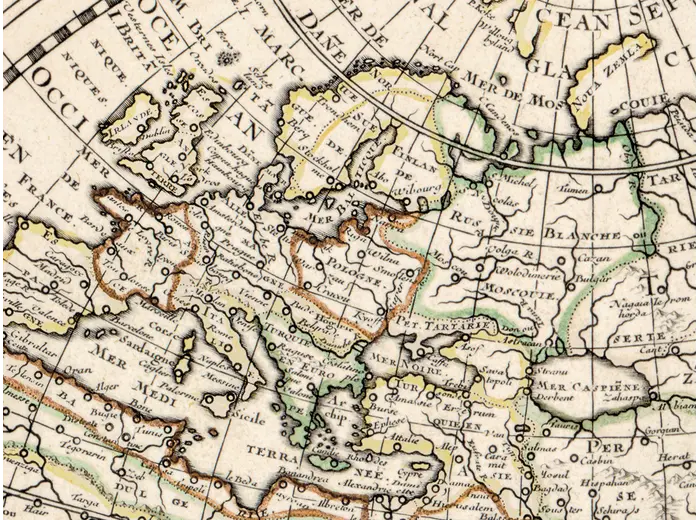 Antique World Map 1651 — Sanson, Mappe-Monde ou Carte Générale — detail 6: hand colour europe