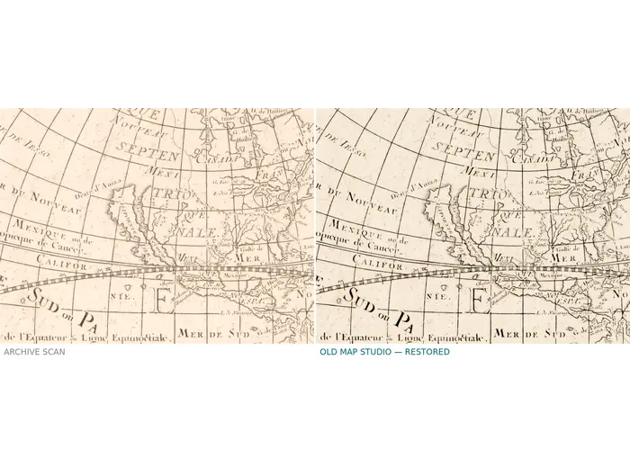 Antique World Map 1652 — Sanson, L'Hydrographie — before and after restoration