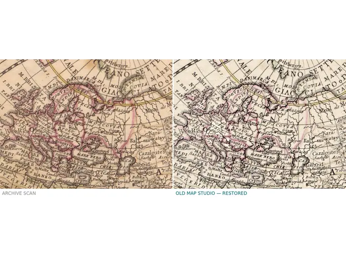 Antique World Map 1684 — Sanson, Mappa Mondo — before and after restoration