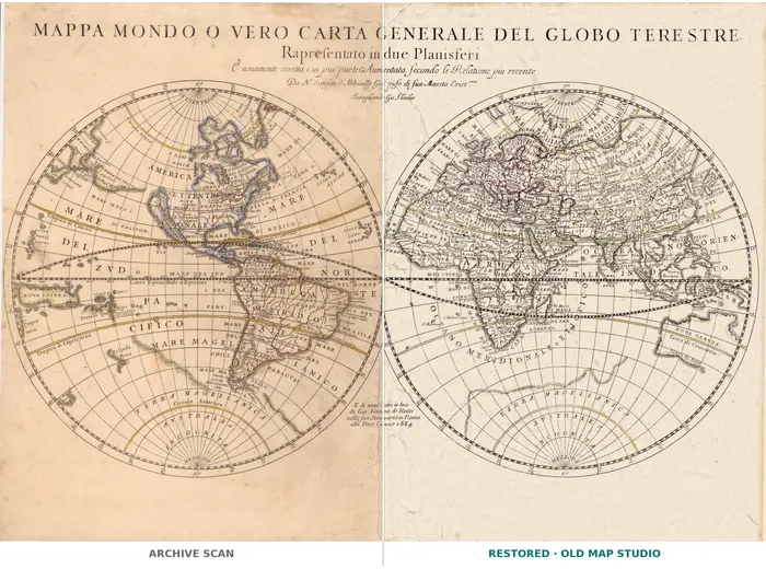 Antique World Map 1684 — Sanson, Mappa Mondo — full sheet before and after restoration