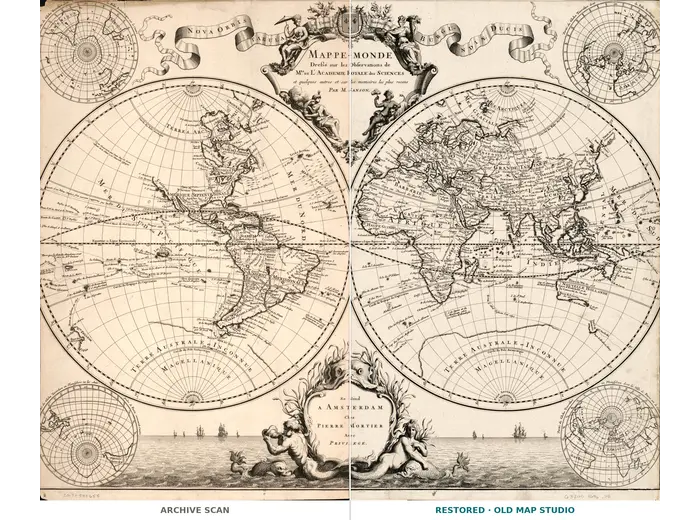 Antique World Map c. 1696 — Sanson, Mappe-monde — full sheet before and after restoration