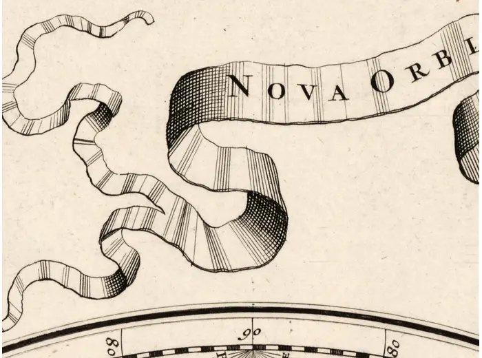 Antique World Map c. 1696 — Sanson, Mappe-monde — detail 5: nova orbis ribbon
