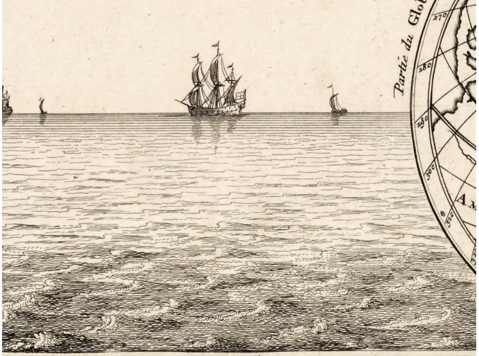 Antique World Map c. 1696 — Sanson, Mappe-monde — detail 6: sea and ships hatching
