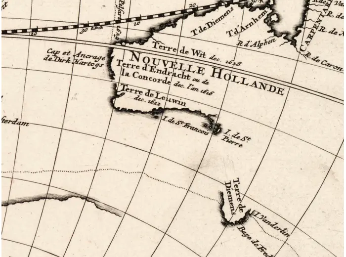 Antique World Map c. 1696 — Sanson, Mappe-monde — detail 7: nouvelle hollande